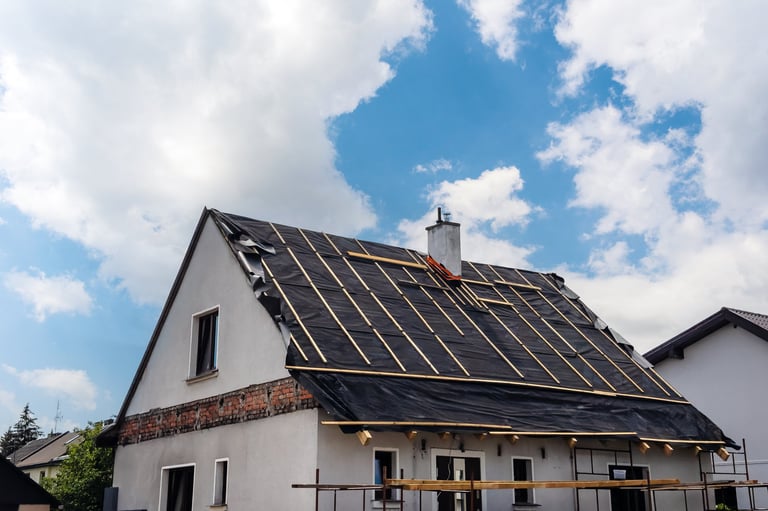 Water protection membrane on rooftop, residential house under construction