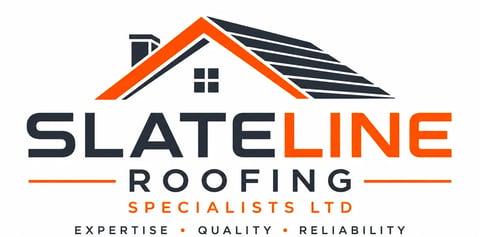 Slateline Roofing Specialists Ltd logo featuring a house roof with orange and dark gray colors and company tagline
