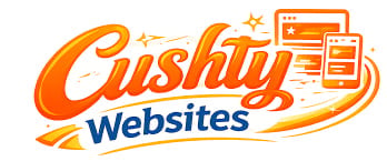 Cushy Websites logo featuring orange script text with a rocket, star, and website mockup icons on a light blue background
