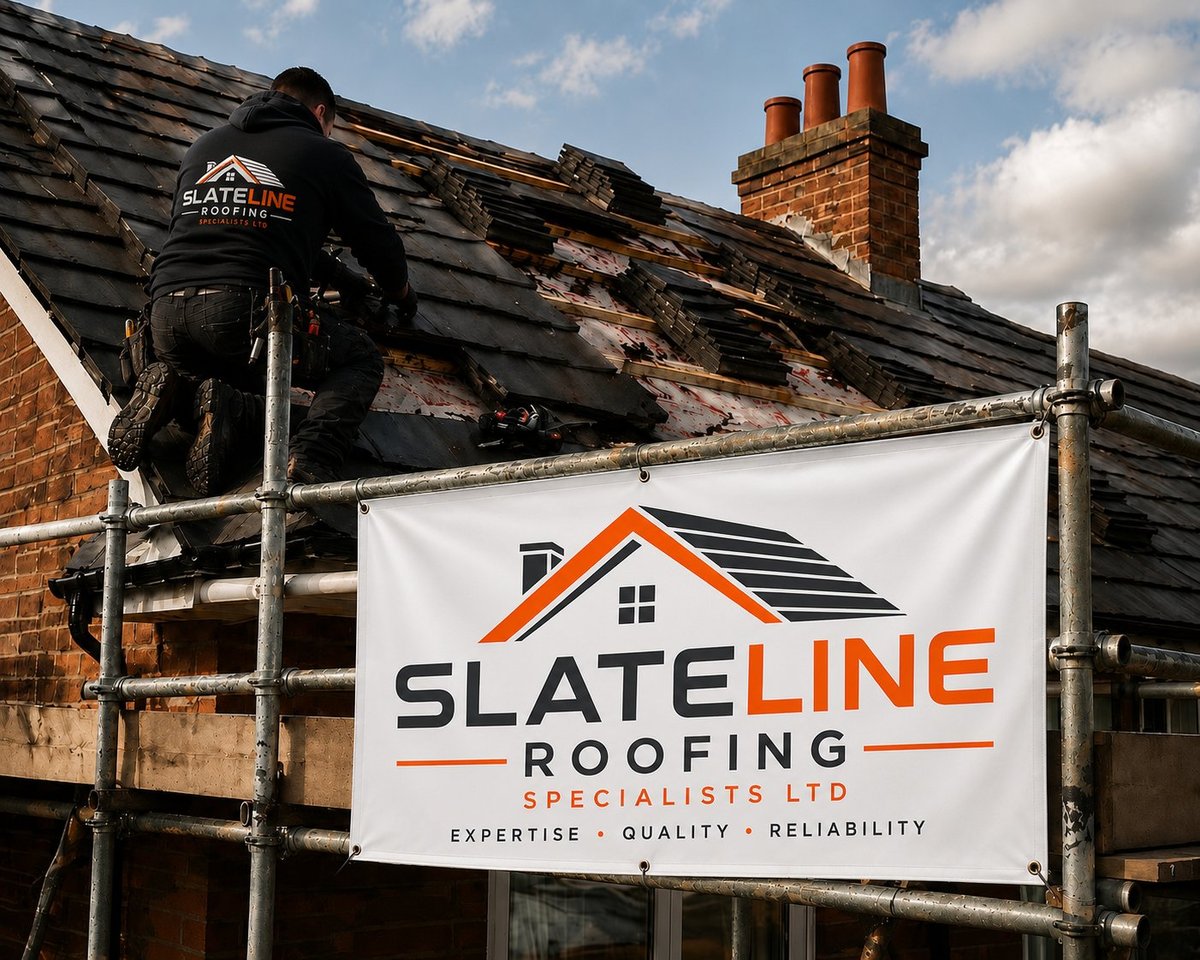 Roofer on scaffolding working on damaged roof with Slate Line Roofing company banner displayed below