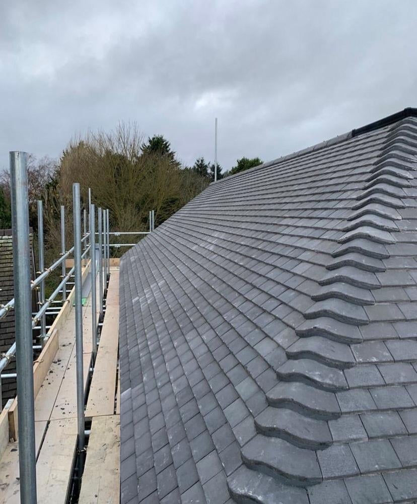 Pitched roof with dark gray tiles and metal safety railing along the edge, trees visible in background under cloudy sky